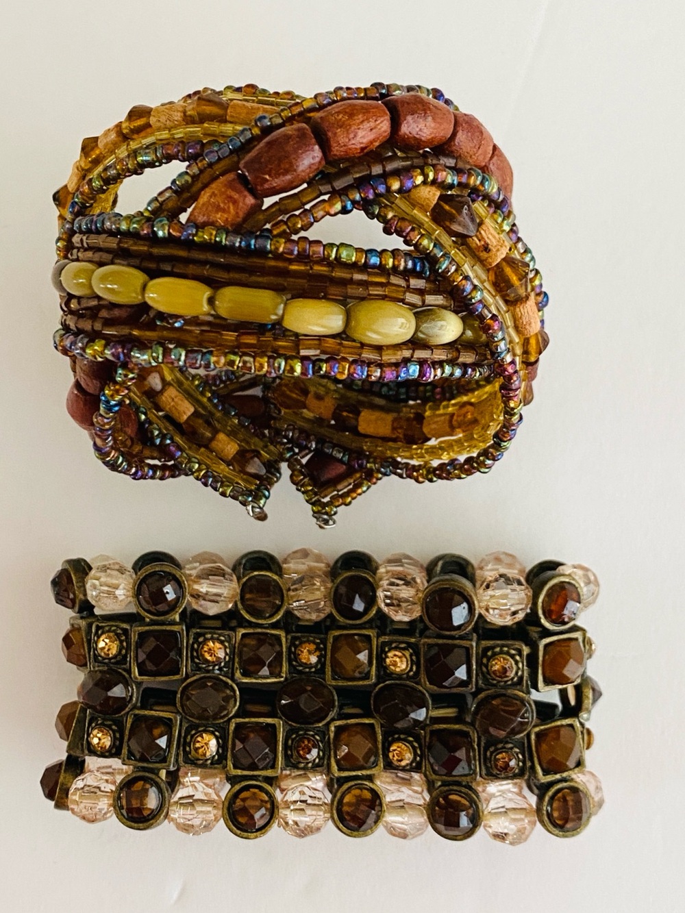 Handcrafted Multi-Bead Brown and Gold Stretch Cuff Bracelet Set Fall Autumn